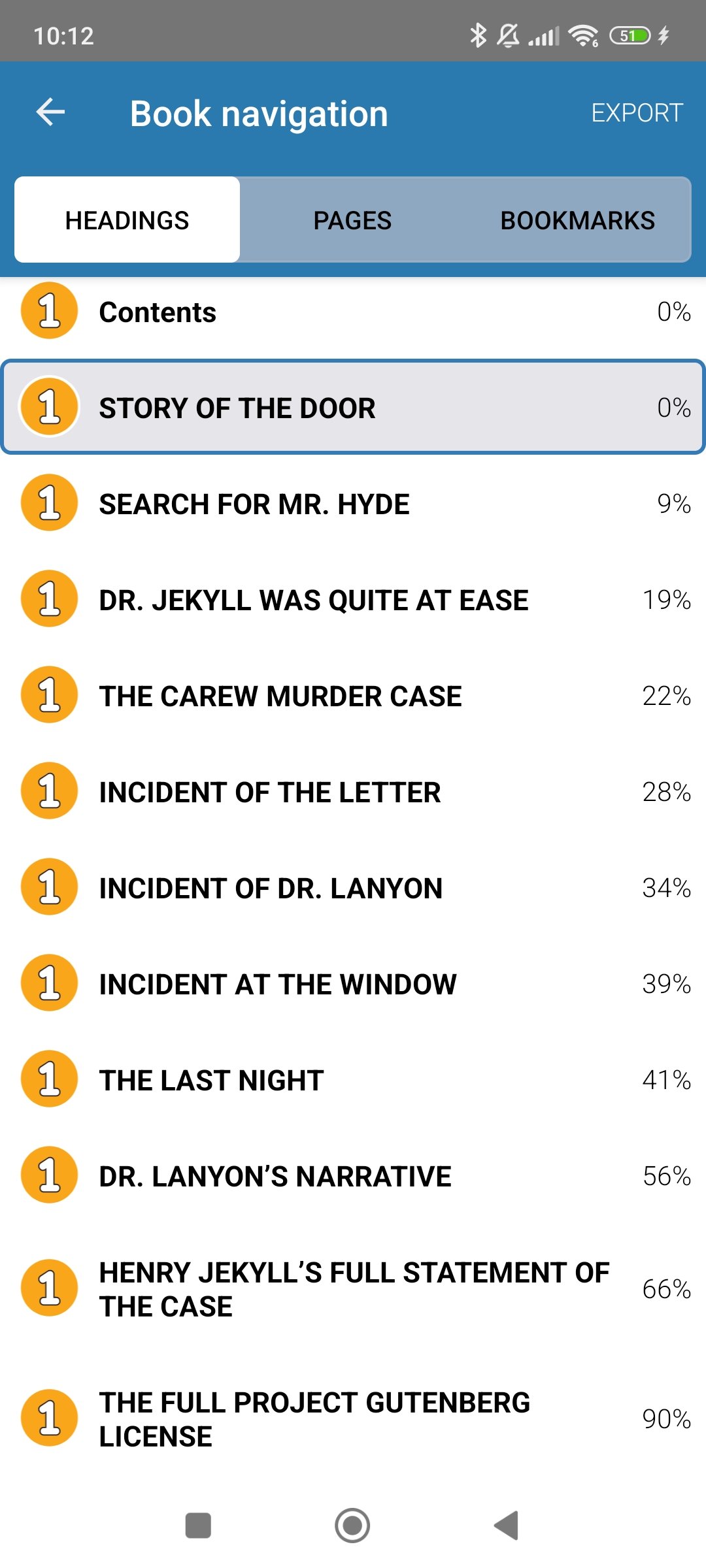 Image showing the Book navigation options. There are three tabs named Headings, Pages, and Bookmarks. The Headings tab is open showing the list of chapters in the book.
