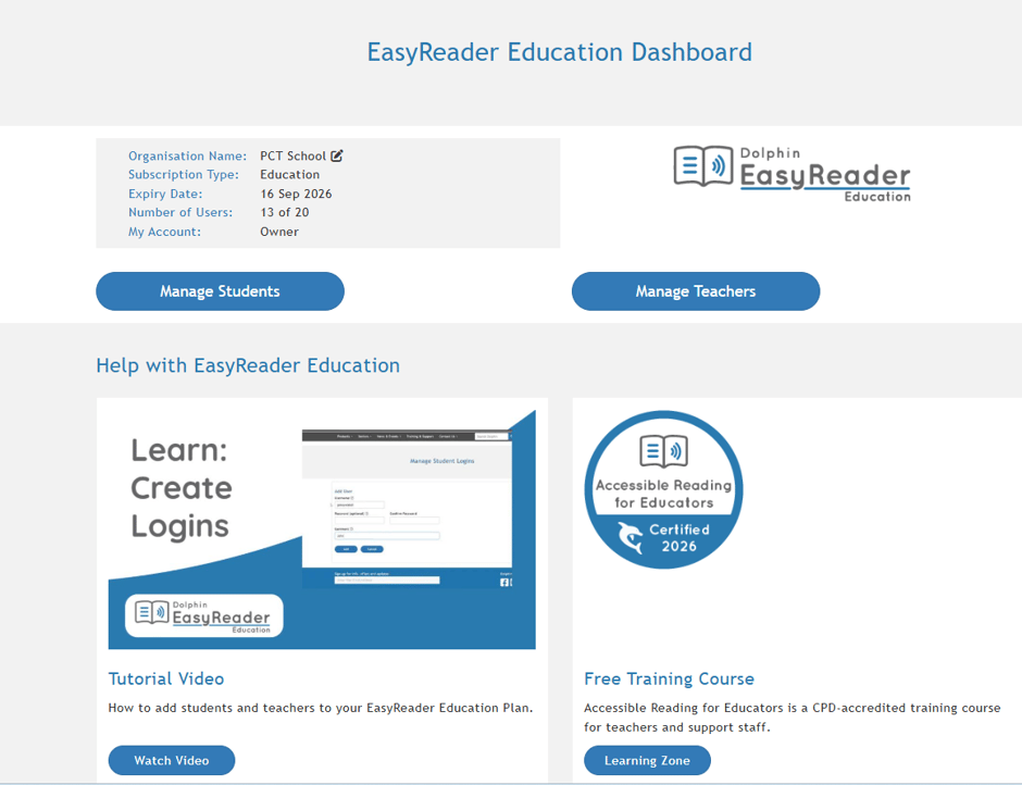 The EasyReader Education dashboard. Showing the Organisation name, Subscription type, Expiry date, and number of users.