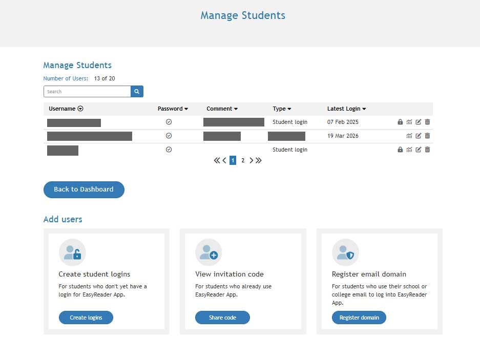 EasyReader-Education-Adding-students-dashboard