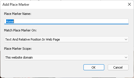 Image of the Add Place Marker dialog box showing Home as the text to be marked. 