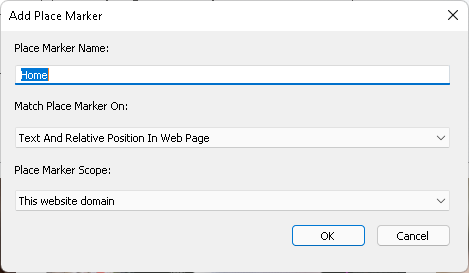 Image of the Add bookmark dialog box showing Home as the text to be marked. 