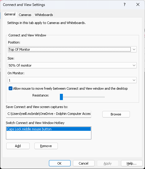 Image of the SuperNova Connect and View Settings dialog box