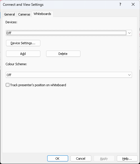Image of the Connect and View Settings dialog box, showing the Whiteboard tab options.