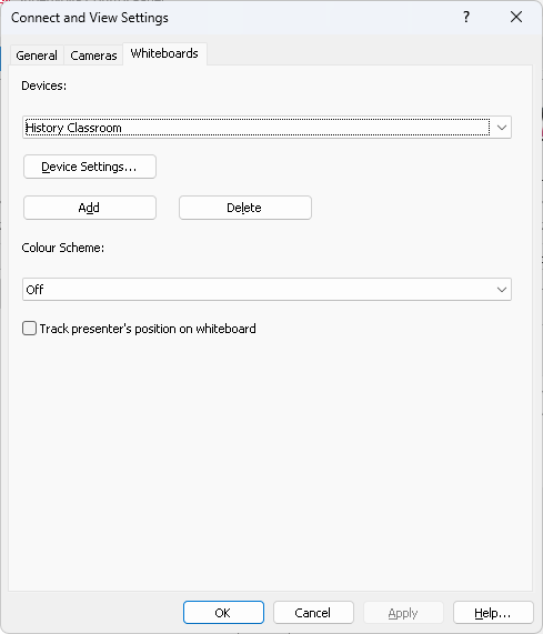 Image of the Connect & View Settings dialog box, showing the Whiteboards page with History Classroom selected as the device.