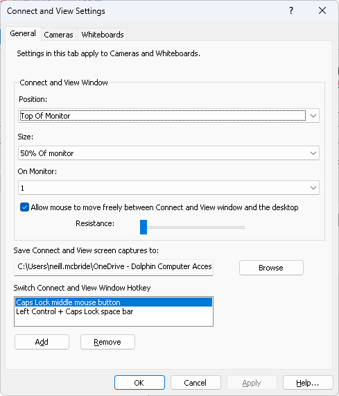 Image of the Connect and View Settings dialog box, showing the General page properties, which include viewport position and hotkey assignment options.