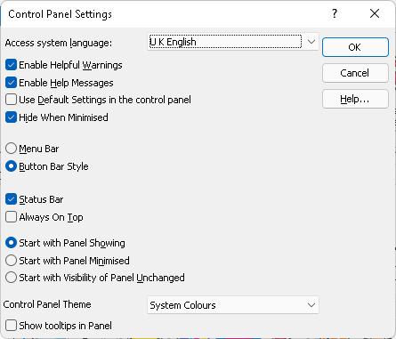 Image of the Control Panel Settings dialog box within the SuperNova Magnifier & ScreenReader edition.