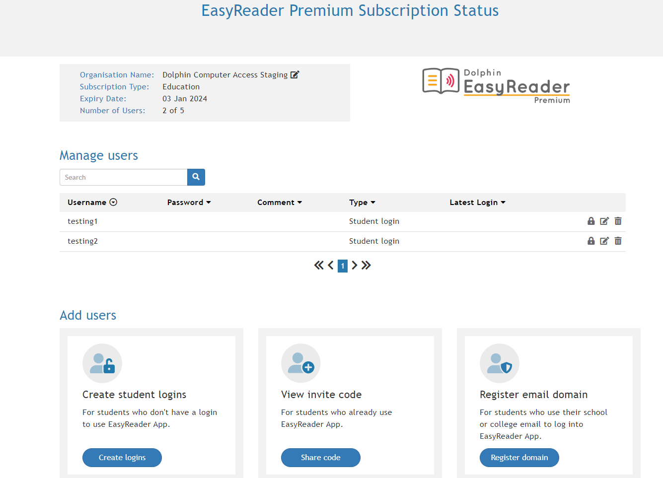 Screenshot of a sample Manage Users. Under the heading Mangae Users there is a list of user email addresses. Each user email has a trashcan symbol to the right.