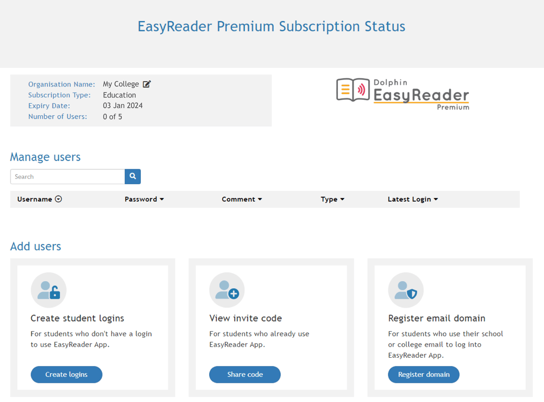 Screenshot showing the EasyReader Premium Subscription Page.  Information shown includes Organisation Name (My College), Subscription Type (Education), Expiry Date (03 Jan 2024) and Number of Users (0 of 5).  Then follows the Manage User section, followed by the three different ways to create student logins and button links for each.