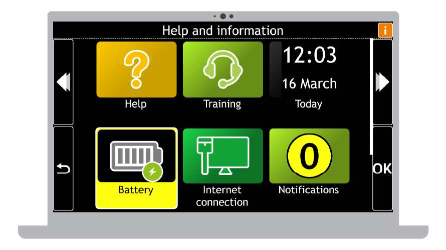 GuideConnect Help and Information menu displayed on a graphic of a laptop. The battery status option is highlighted,