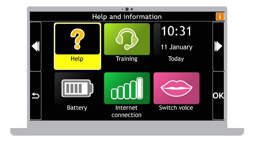 GuideConnect Help and Information menu displayed on a graphic of a laptop. The Help option is highlighted.
