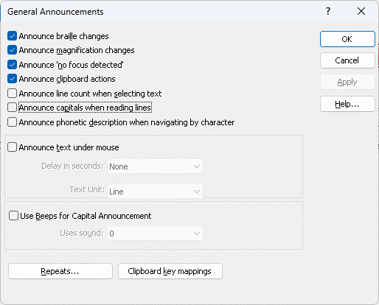 Image of the General Announcements dialog box with the Announce Capitals When Reading Lines option highlighted.