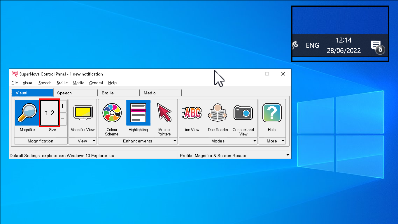 Image of Windows desktop showing the system tray clock as a fixed magnified window at the top right corner of the screen.
