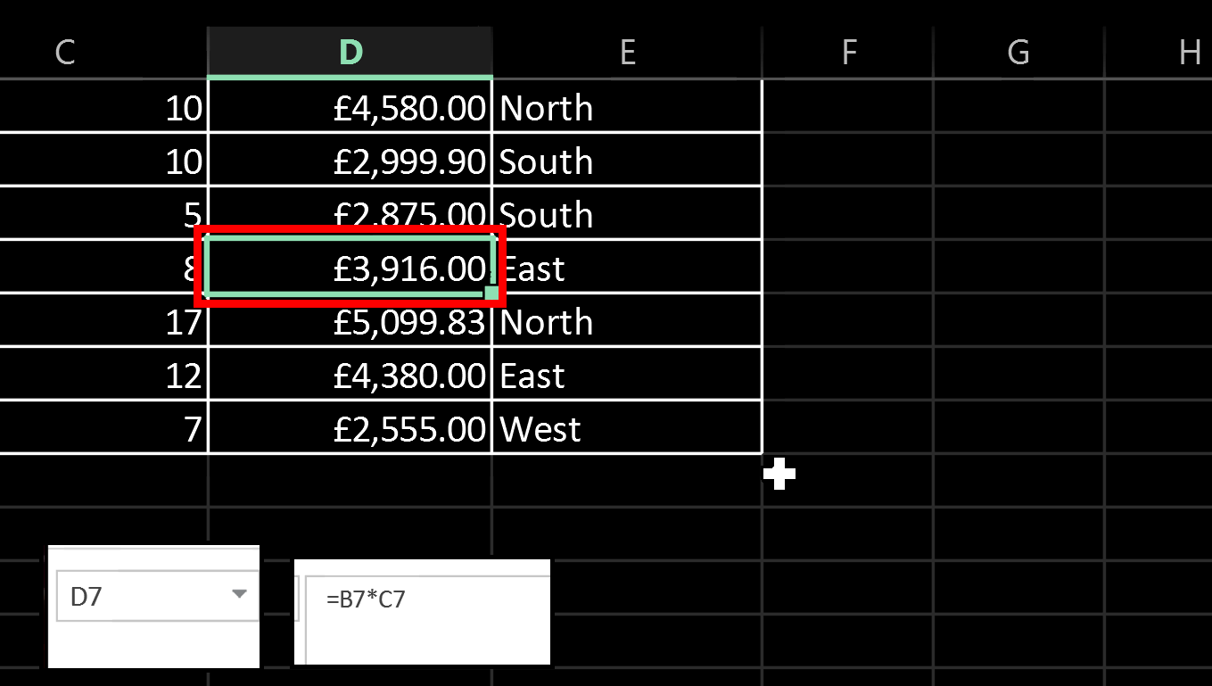 Image of a spreadsheet showing the cell co-ordinates and formula bar as a fixed magnified window at the bottom left corner of the screen.