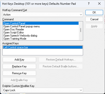 Image of "Hotkey" dialog box. Action selected in Hotkey command set, Open control panel in Command list, & Left Control + Spacebar in Assigned keys.