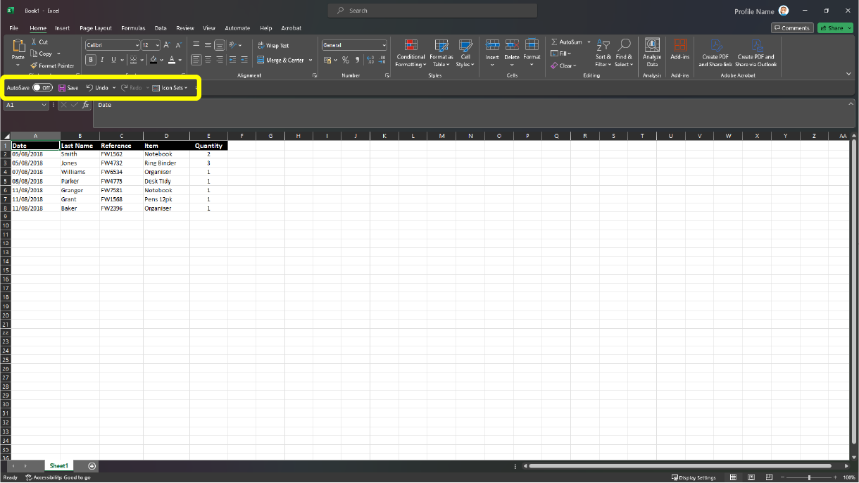 Image of a sample worksheet open in Microsoft Excel. The Quick Access Toolbar is situated below the ribbon and is highlighted with a yellow box.