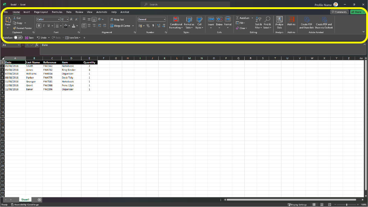 Image of a sample document open in Microsoft Excel. The Ribbon area is highlighted with a yellow box.