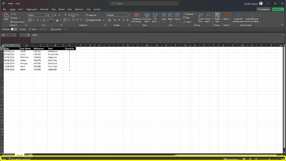 Image of a sample worksheet open in Microsoft Excel. The status bar area is highlighted with a yellow box.