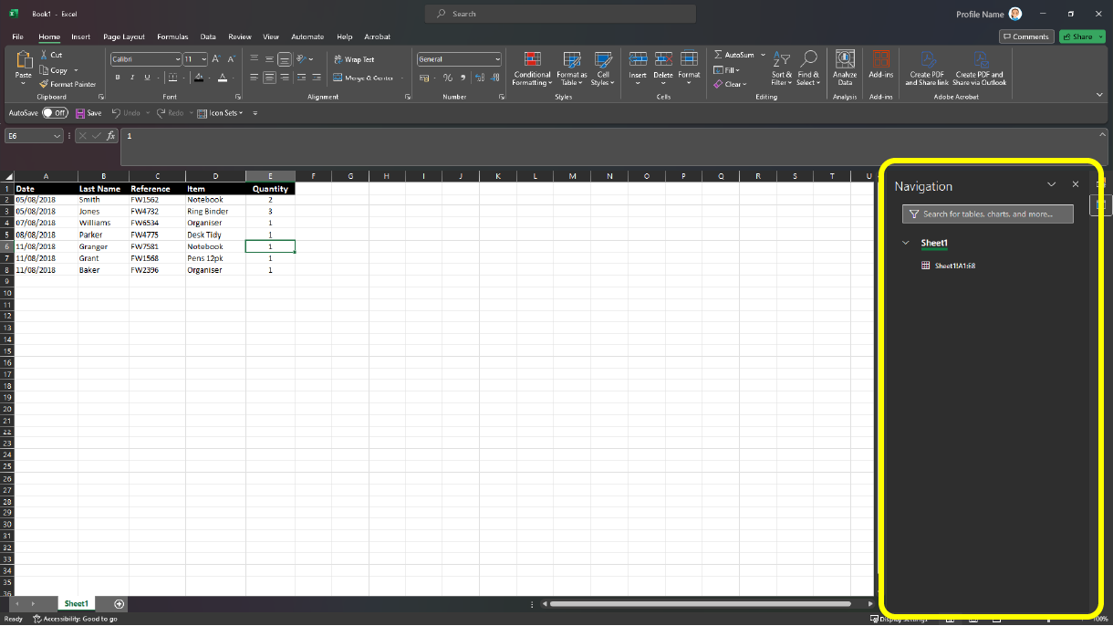 Image of a sample worksheet open in Microsoft Excel. The task pane area is highlighted with a yellow box. The task pane is showing navigation.