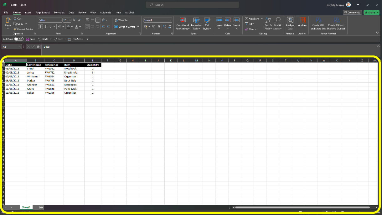 Image of a sample worksheet open in Microsoft Excel. The worksheet window is highlighted with a yellow box.