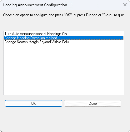 Image of the Heading Announcement Configuration dialog box.