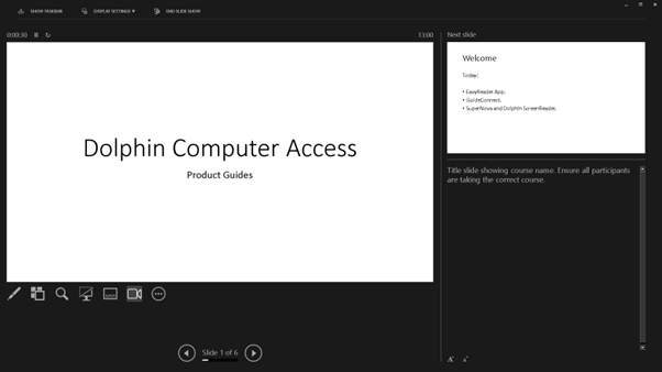 Image showing Presenter View Screen that includes the current slide, speaker notes, and controls to manage the presentation.