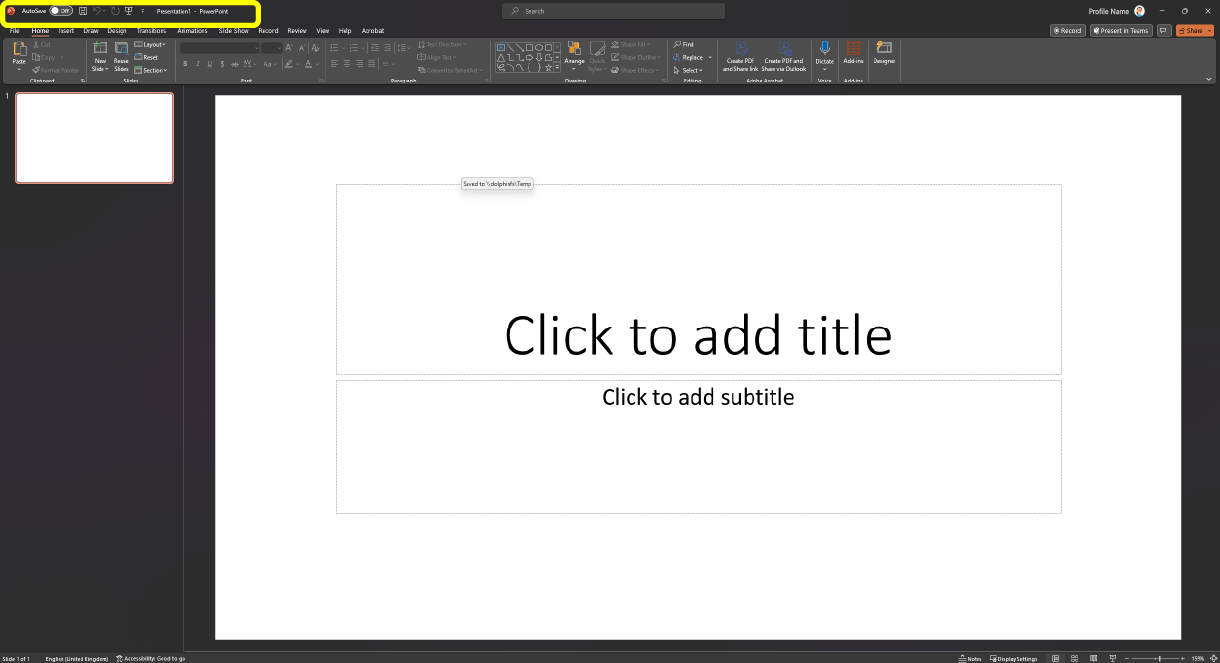 Image of a sample presentation open in Microsoft PowerPoint. The Quick Access Toolbar is highlighted with a yellow box.