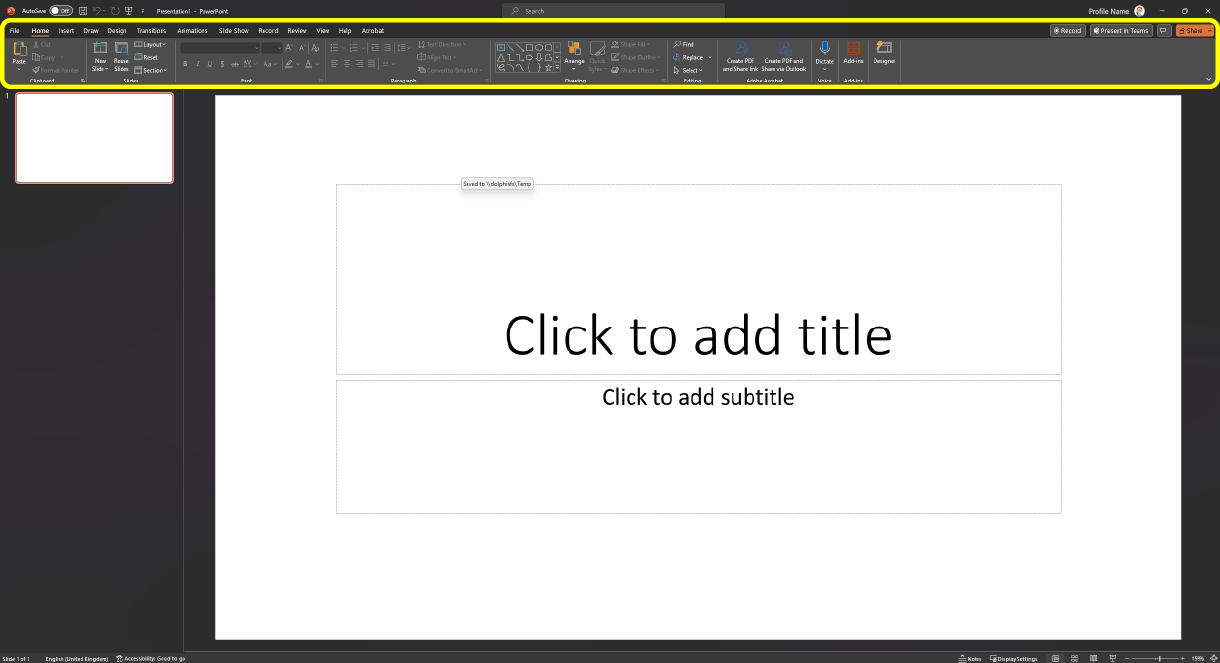 Image of a sample presentation open in Microsoft PowerPoint. The Ribbon area is highlighted with a yellow box.