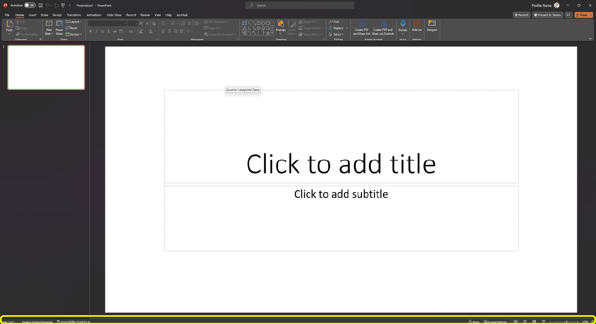 Image of a sample presentation open in Microsoft PowerPoint. The status bar area is highlighted with a yellow box.