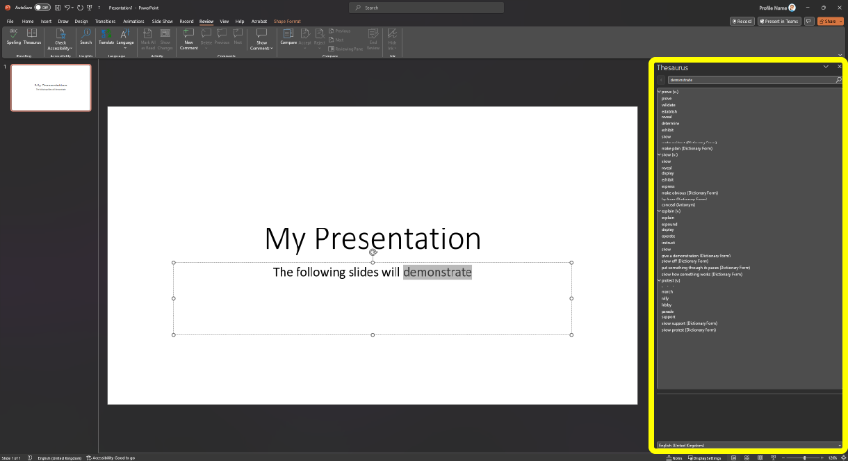 Image of a sample presentation open in Microsoft PowerPoint. The task pane area is highlighted with a yellow box and is showing the thesaurus.