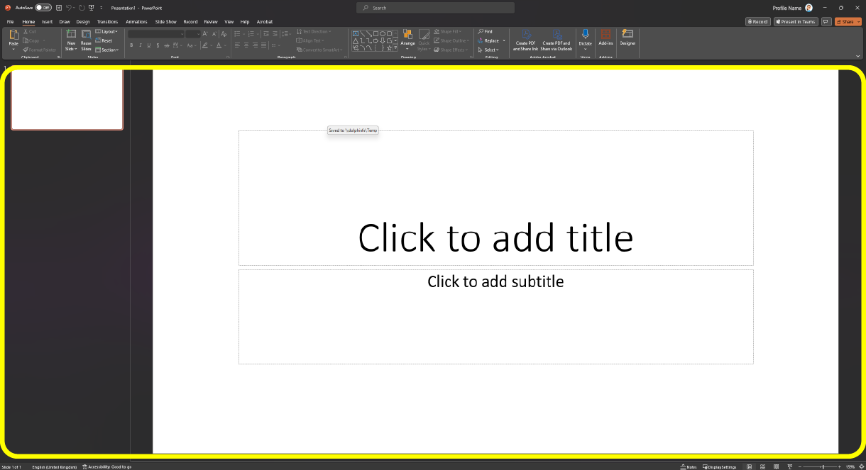 Image of a sample presentation open in Microsoft PowerPoint. The workspace area is highlighted with a yellow box.