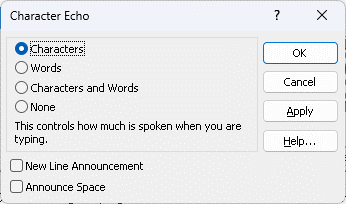 Image of the SuperNova Character echo dialog box showing Characters as the selected typing mode.