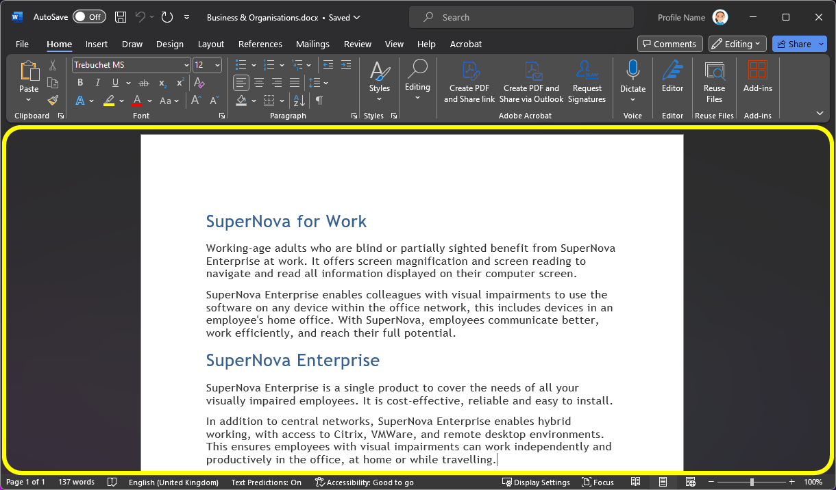 Image of a sample document open in Microsoft Word. The document window is highlighted with a yellow box.