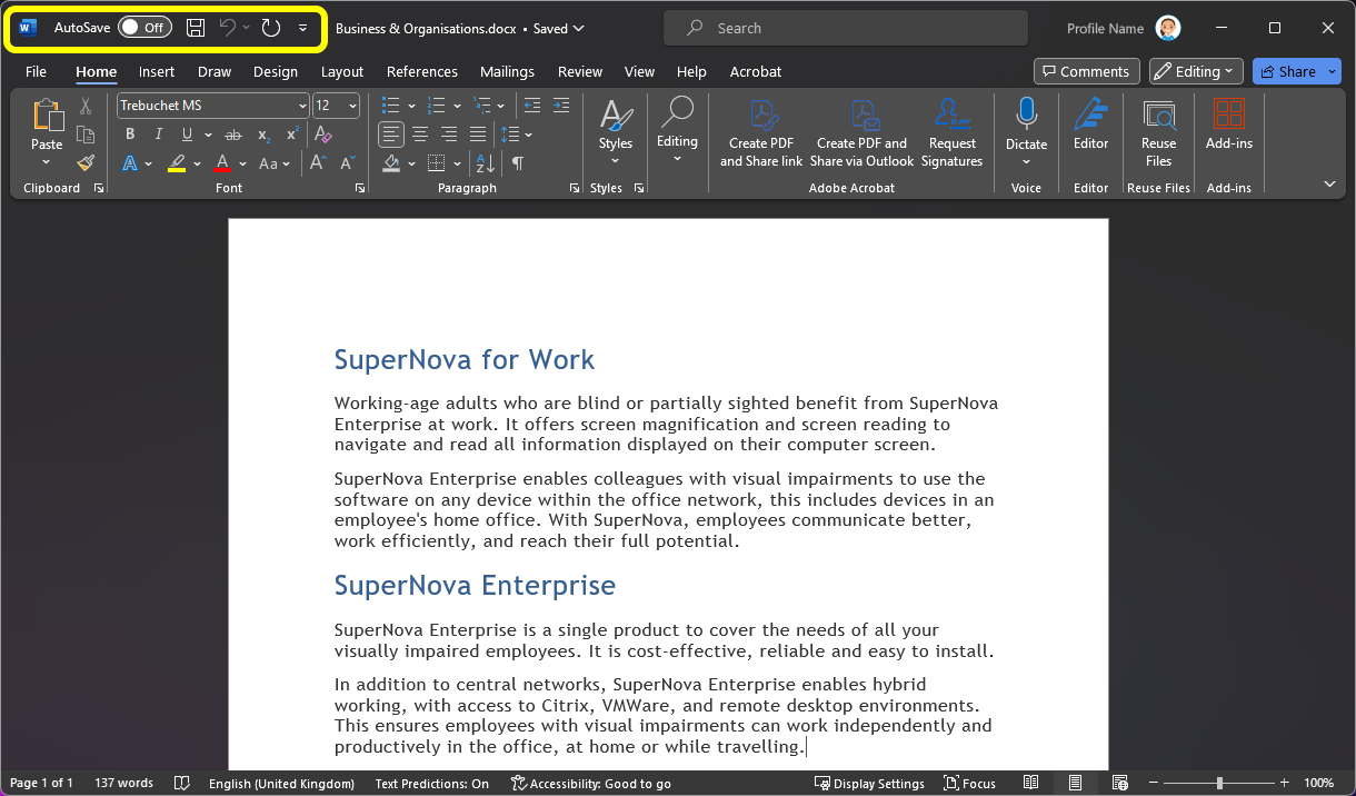 Image of a sample document open in Microsoft Word. The Quick Access Toolbar is highlighted with a yellow box.