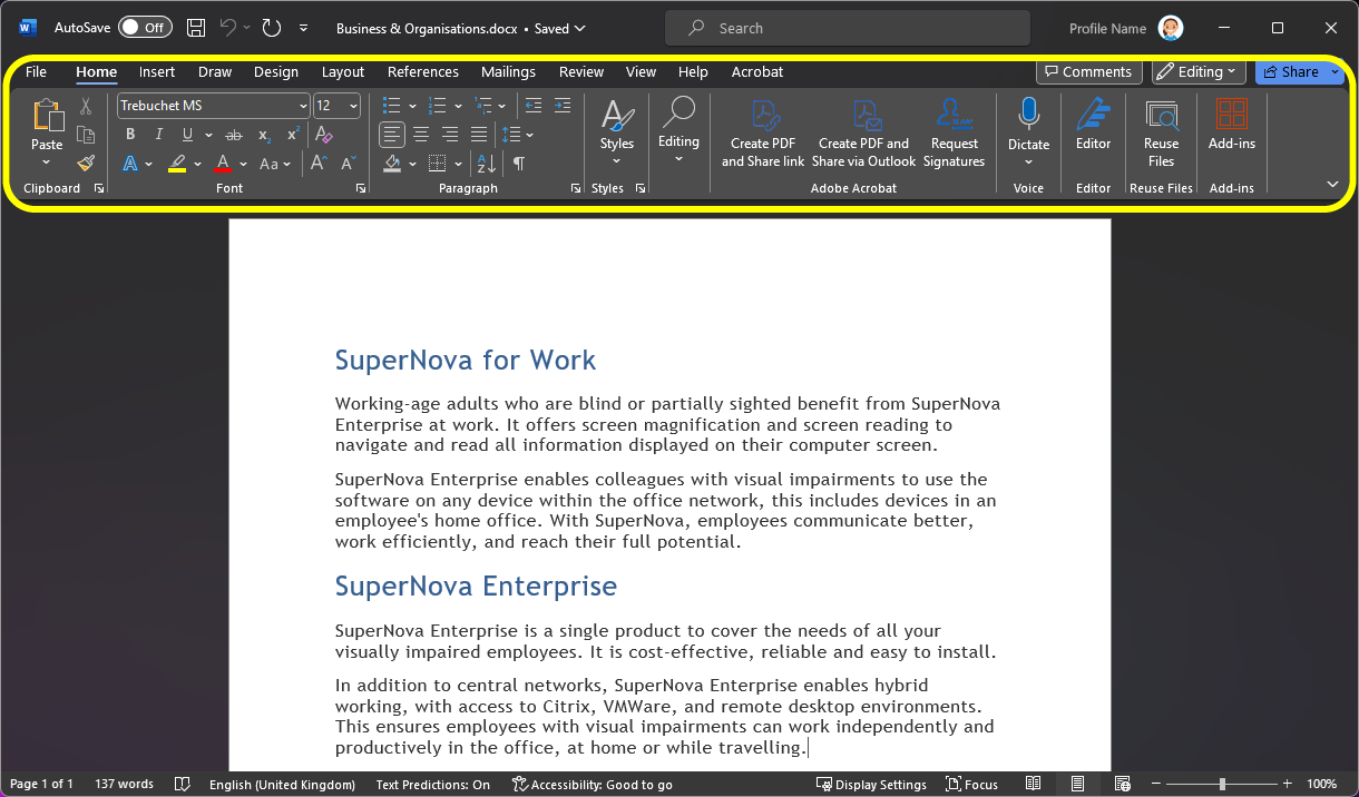 Image of a sample document open in Microsoft Word. The Ribbon area is highlighted with a yellow box.