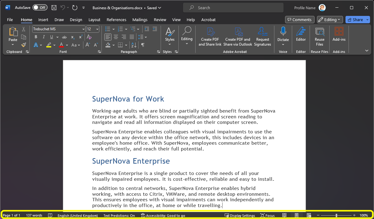 Image of a sample document open in Microsoft Word. The status bar area is highlighted with a yellow box.