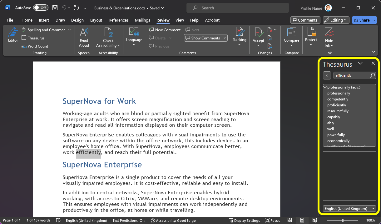 Image of a sample document open in Microsoft Word. The task pane area is highlighted with a yellow box. The task pane is showing the thesaurus.