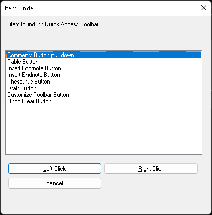 Image of the SuperNova Item Finder dialog showing sample items present on the Quick Access Toolbar.