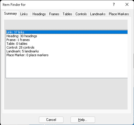 Image of the Item Finder multi-tab dialog box showing the Summary tab for the Dolphin home page.