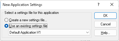 Image of the New Application Settings dialog box with Use an existing settings file option selected.