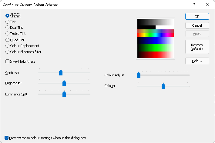 Image of the SuperNova Custom Configuration Colour Scheme dialog box.
