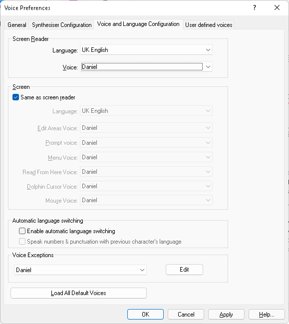 Image of the Voice Preferences dialog box showing the Voice and Languages Configuration page open and UK English as the selected language and Daniel as the selected voice.
