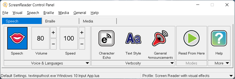 Image showing the Dolphin ScreenReader Control Panel. The Control Panel comprises a Speech tab, Braille tab, and a Media tab. The Speech tab contains a row of large easy to access buttons that relate to key features.