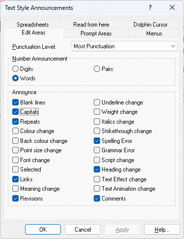 Image of the Text Style Announcements dialog box, showing the Edit Areas page with the Capitals check box selected.