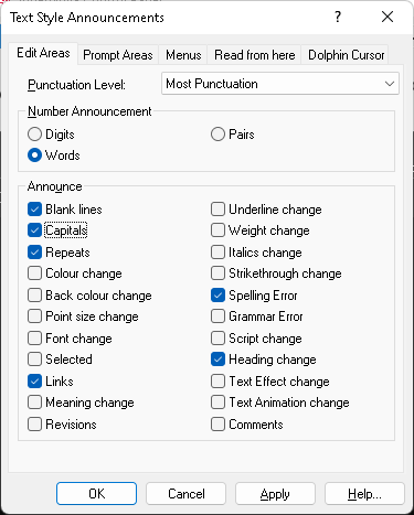 Image of the Text Style Announcements dialog box, showing the Edit Areas page with the Capitals check box selected.