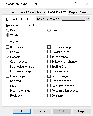 Image of Text Style Announcements dialog box with the Read from here tab selected.