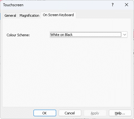 Image of the Touchscreen Settings dialog box, showing the On screen keyboard page properties.