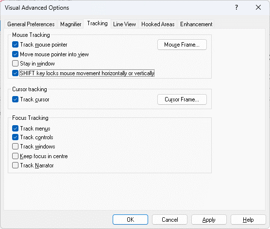 The Visual Advanced Options dialog box displaying the Tracking page with SHIFT key locks mouse movement horizontally or vertically option highlighted.