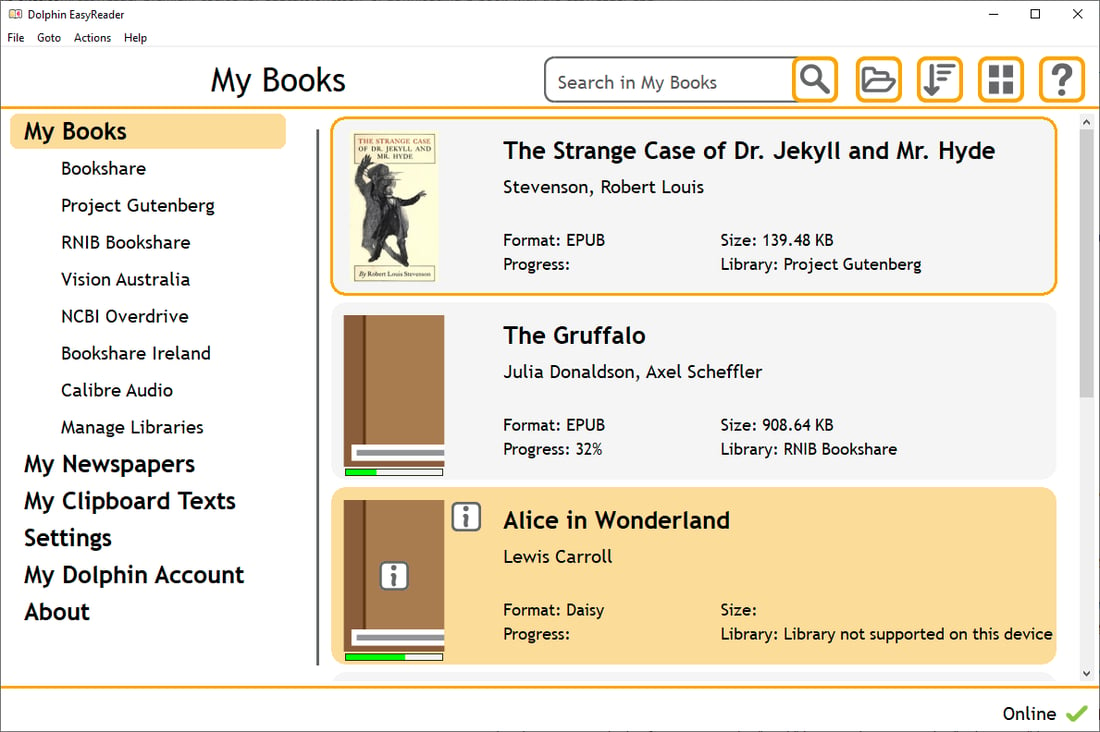 Image of My Books screen on a Windows device