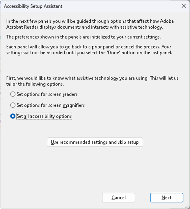 An image showing the Accessibility Setup Assistant dialog box