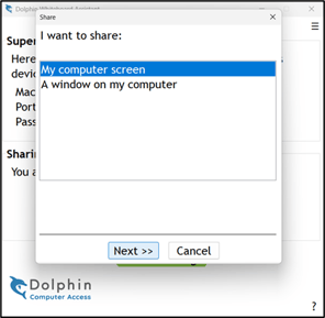 Image of Dolphin Whiteboard Assistant with option to choose whether to share the entire screen or a specific Window